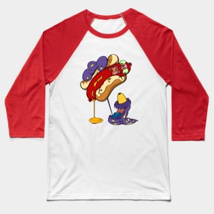 Hungry Monster and Scared Hotdog Cartoon Baseball T-Shirt